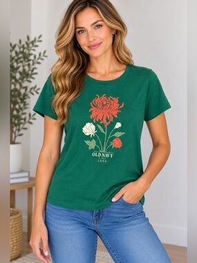 Old Navy Green Floral Graphic Tee - Women's Casual Shirt Large
